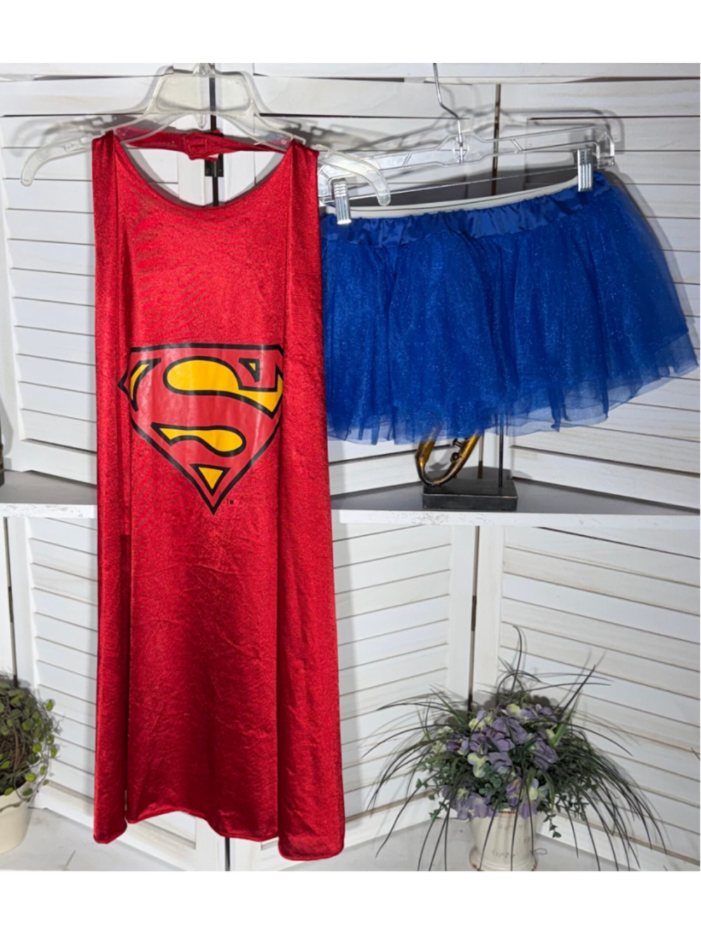 Vintage Super Girl Halloween costume red cape blue tutu skirt cosplay dress up M